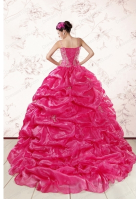 Most Popular Spaghetti Straps Beading  Quinceanera Gowns in Hot Pink