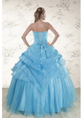 Pretty Aqua Blue 2015 Cheap Strapless Quinceanera Dresses with Beading