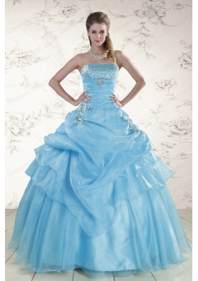 Pretty Aqua Blue 2015 Cheap Strapless Quinceanera Dresses with Beading