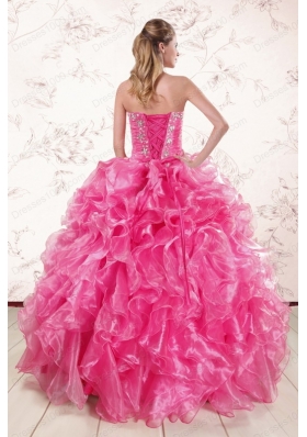 2015 New Style Hot Pink Quinceanera Dresses with Appliques and Ruffles