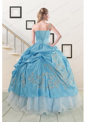 2015 New Style One Shoulder Appliques and Beaded Quinceanera Dresses in Aqua Blue