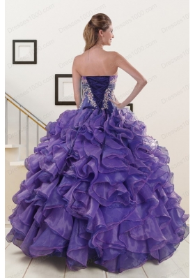 2015 New Style Purple Sweet 15 Dresses with Embroidery and Ruffles