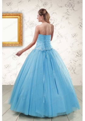 2015 New Style Strapless Beaded Quinceanera Dresses in Aqua Blue