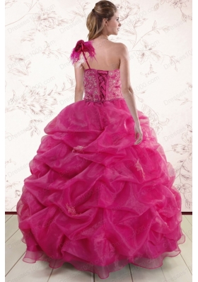 New Style One Shoulder Appliques and Pick Ups Quinceanera Dresses in Fuchsia