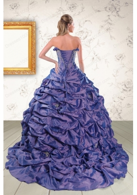 Most Popular Beaded and Pick ups Purple Quinceanera Gowns with Brush Train