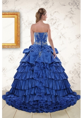 most popular Royal Blue Appliques and Pick Ups Quinceanera Gowns with Brush Train