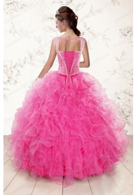 most popular Straps Hot Pink Quinceanera Gowns with Beading