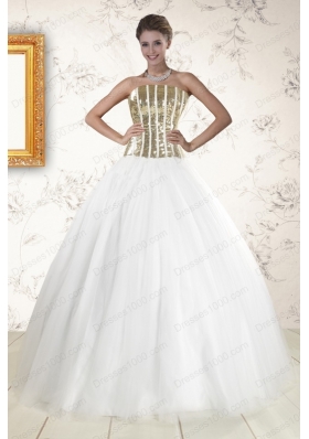 Most Popular Tulle Strapless Sequins White Quinceanera Gowns