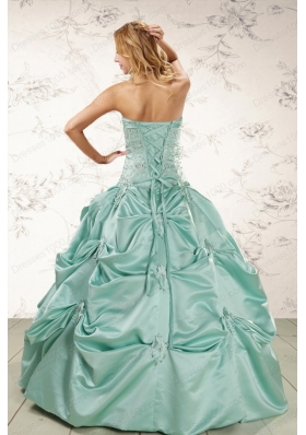 Most Popular Turquoise  Quinceanera Gowns with Appliques and Pick Ups