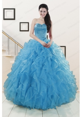 fashionable Beaded Quinceanera Dresses Ruffled in Blue