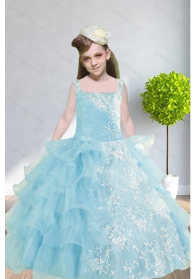 2015 Ball Gown Appliques and Ruffles Baby Bule Little Girl Pageant Dress with Straps