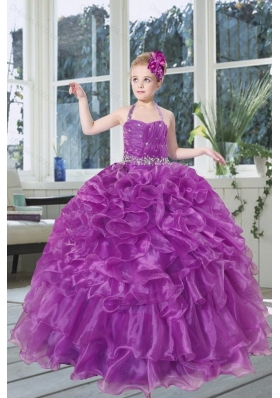 2015 Romantic Beading and Ruffles Organza Little Girl Pageant Dress with Halter