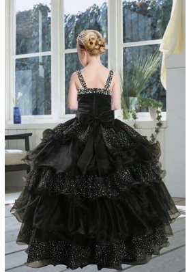 2015 Fashionable Black Straps Sequins Ruffles Organza Little Girl Pageant Dress