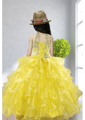 Yellow Ball Gown Halter Beading and Ruffles Little Girl Pageant Dress for 2015