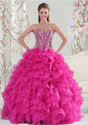 2015 Beautiful and Detachable Hot Pink Sweet 15 Dresses with Beading and Ruffles