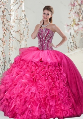 2015 Beautiful and Detachable Hot Pink Sweet 15 Dresses with Beading and Ruffles