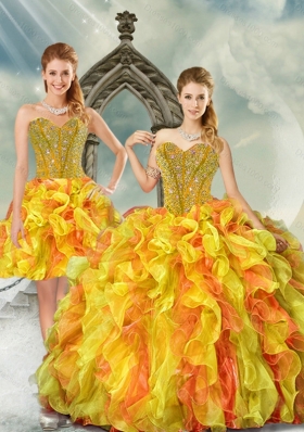 2015 Designer and Detachable Yellow and Orange Sweet 16 Dresses with Beading and Ruffles