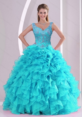 Designer Beading and Ruffles Quinceanera Dresses in Aqua Blue