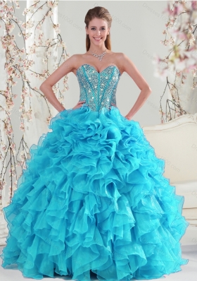 Detachable and Designer Aqua Blue Sweet 15 Dresses with Beading and Ruffles for 2015