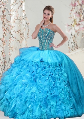 Detachable and Designer Aqua Blue Sweet 15 Dresses with Beading and Ruffles for 2015