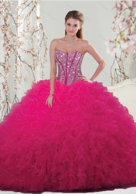 Unique and Detachable Beading and Ruffles Dresses For Quince in Hot Pink