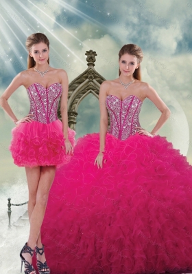 Unique and Detachable Beading and Ruffles Dresses For Quince in Hot Pink