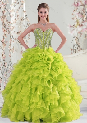 2015 Detachable and New Style Beading and Ruffles Yellow Green Dresses for Quince