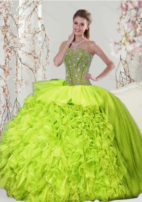 2015 Detachable and New Style Beading and Ruffles Yellow Green Dresses for Quince