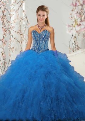 2015 Most Popular Beading and Ruffles Aqua Blue Quince Dresses