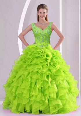 Detachable and Elegant Beading and Ruffles Quince Dresses in Green