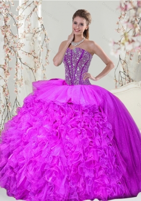 2015 Beading and Ruffles Fuchsia  Detachable and Vestidos de Quinceanera Dresses