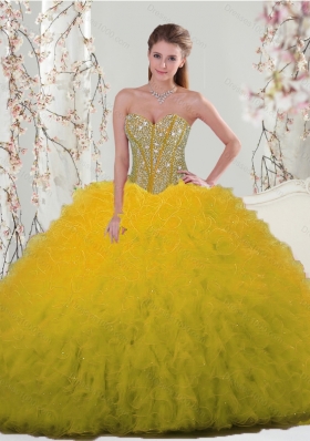 2015 Spring Yellow Detachable and Vestidos de Quinceanera Dresses with Beading and Ruffles