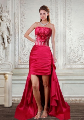 Beautiful High Low Strapless Ruffled Coral Red Prom Dresses with Hand Made Flower