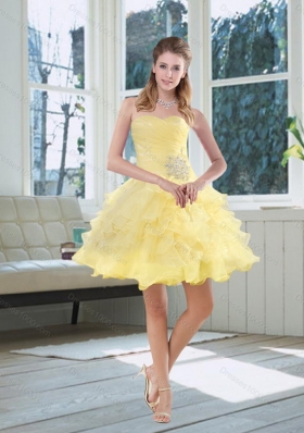 Beautiful Light Yellow Sweetheart High Low Prom Dress with Beading and Ruffled Layers