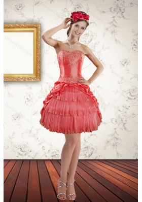 2015 Beautiful Strapless Coral Red Prom Gown with Ruffled Layers