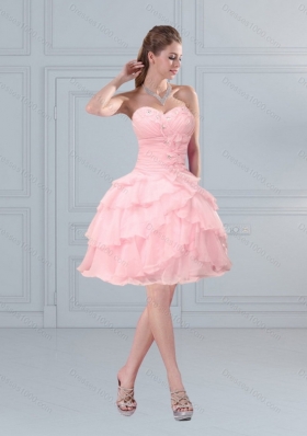 2015 Elegant Baby Pink Sweetheart Beaded Prom Dresses with Ruffled Layers