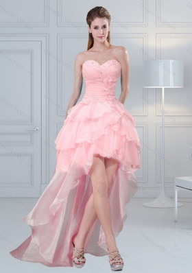 2015 Elegant Baby Pink Sweetheart Beaded Prom Dresses with Ruffled Layers