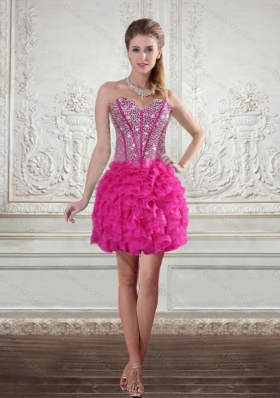 2015 Elegant Hot Pink High Low Sweetheart Prom Dresses with Beading and Ruffled Layers