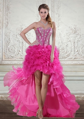 2015 Elegant Hot Pink High Low Sweetheart Prom Dresses with Beading and Ruffled Layers