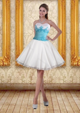 Discount White Sweetheart High Low 2015 Prom Dresses with Blue Embroidery