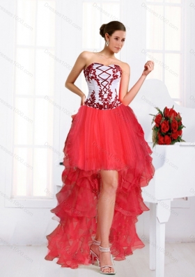 2015 Beautiful Coral Red High Low Prom Dresses with Embroidery and Beaded