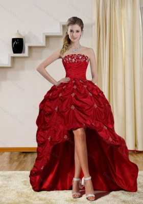 2015 Elegant Strapless Red Prom Dresses with Embroidery and Pick Ups
