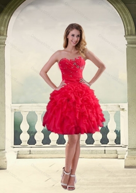 Coral Red Ball Gown Strapless High Low Prom Dresses with Ruffles and Beading