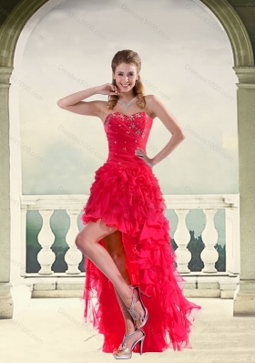 Coral Red Ball Gown Strapless High Low Prom Dresses with Ruffles and Beading