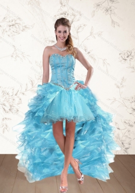 Elegant Baby Blue Sweetheart High Low Prom Dresses with Ruffles and Beading