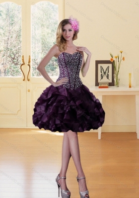 Elegant High Low Dark Pueple Prom Dress with Ruffled Layers and Beading