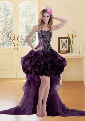 Elegant High Low Dark Pueple Prom Dress with Ruffled Layers and Beading
