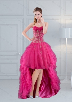 Fashionable High Low Sweetheart Hot Pink 2015 Prom Dress with Embroidery and Beading