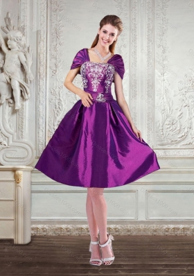 Fashionable Purple Strapless Embroidery and Beaded Prom Dresses with Cap Sleeves