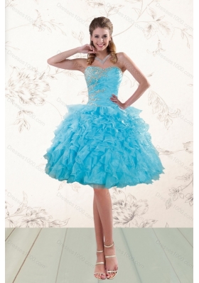 2015 Fashionable Baby Blue Beaded Short Prom Gown with  Ruffles